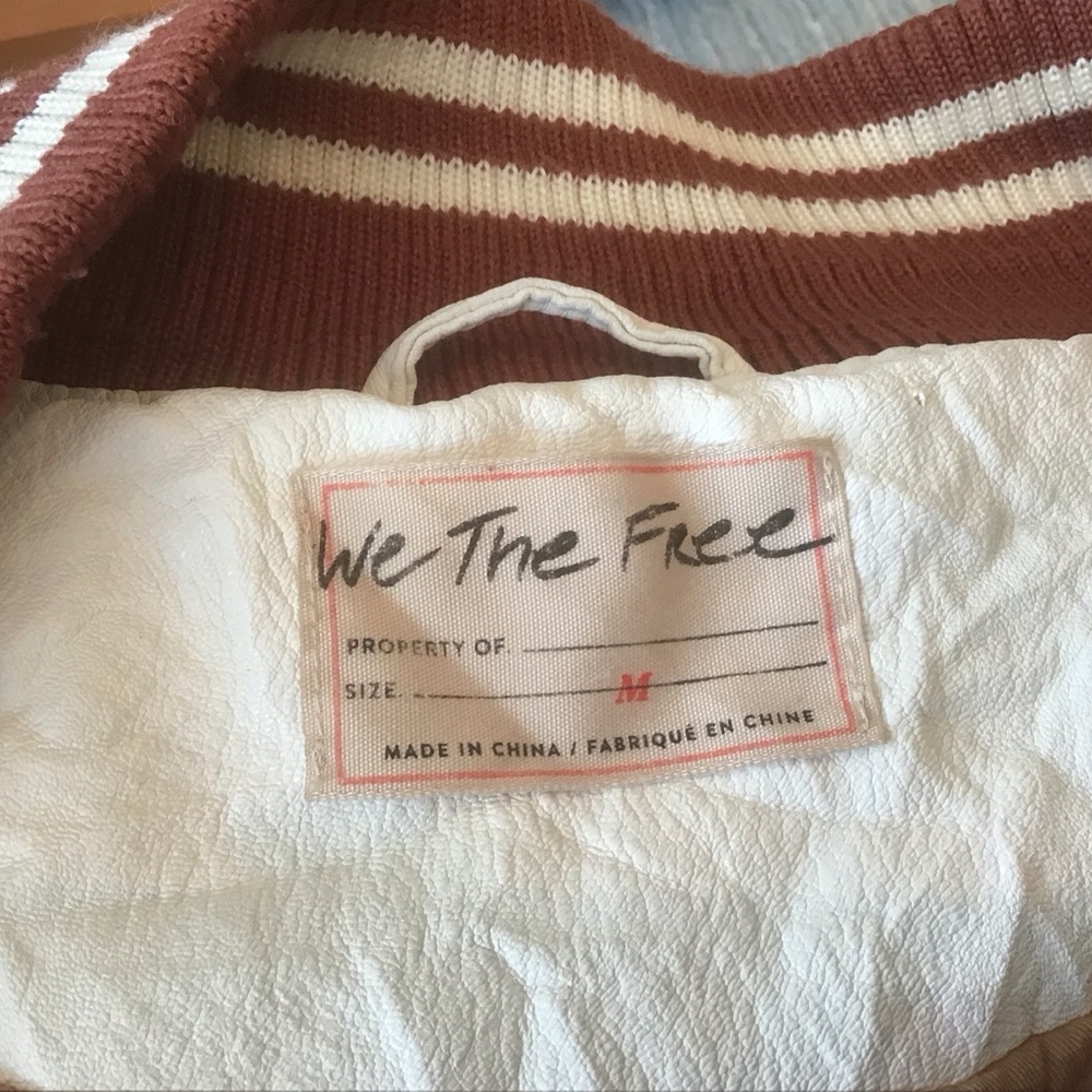 We The Free People Rust Orange Wool White Faux Leather Varsity Jacket M Preppy - Picture 6 of 7